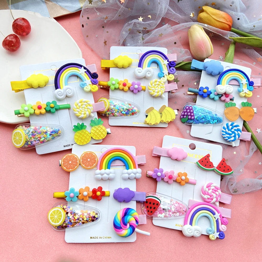 
6Pcs/Set Fashion Children Headwear Set Girls Candy Color Cloud Lollipop Hairpins Cute Cartoon Hair Accessories Rainbow Hair Clip 