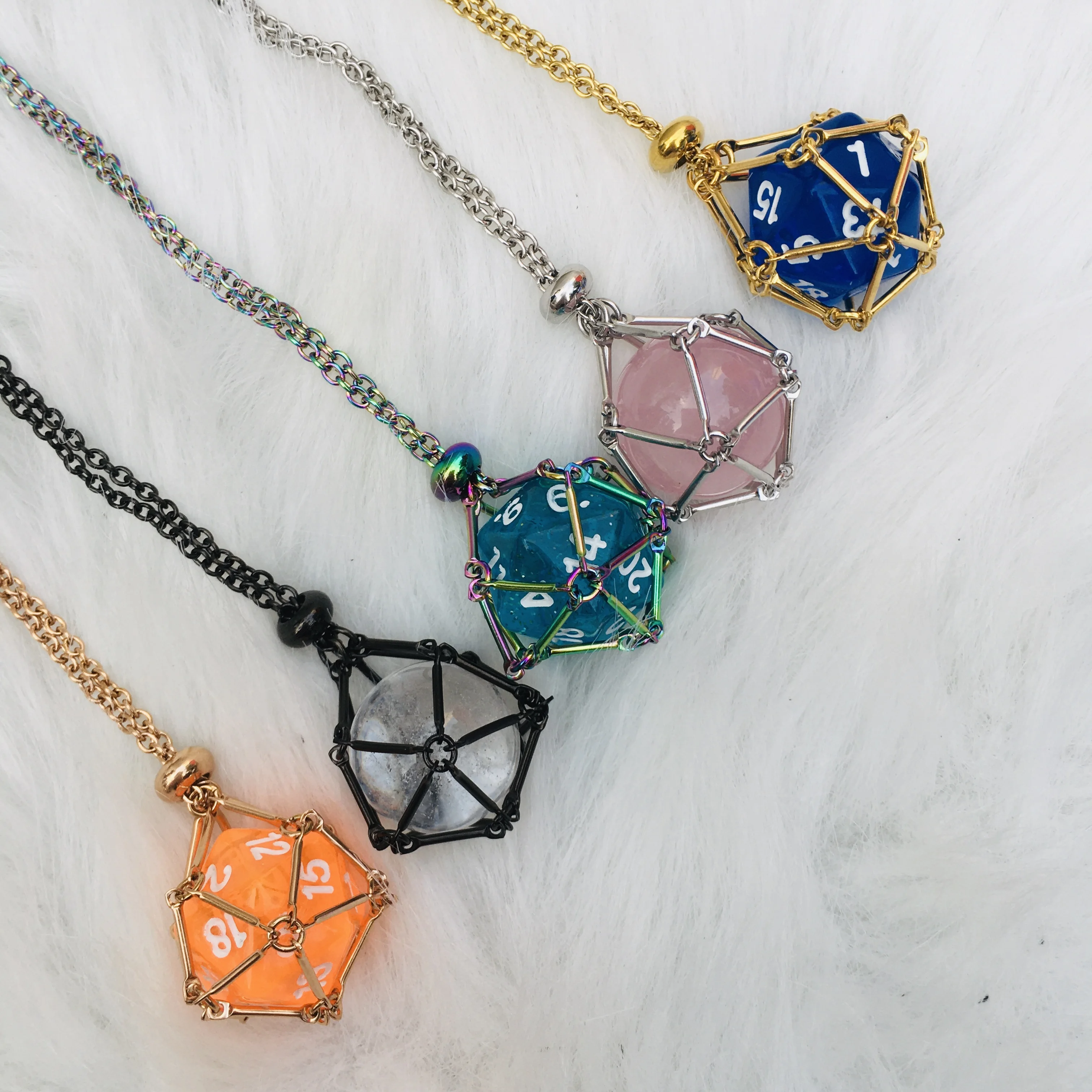 D20 Dice Necklace Handmade Stainless Steel Crystal Gemstone Pendant Pouch Holder