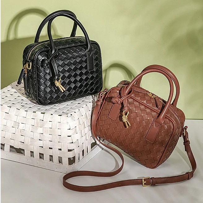 fashion trendy ladies pu leather woven pattern bowling bags for women hand bags with long strap and double handle  shoulder bag