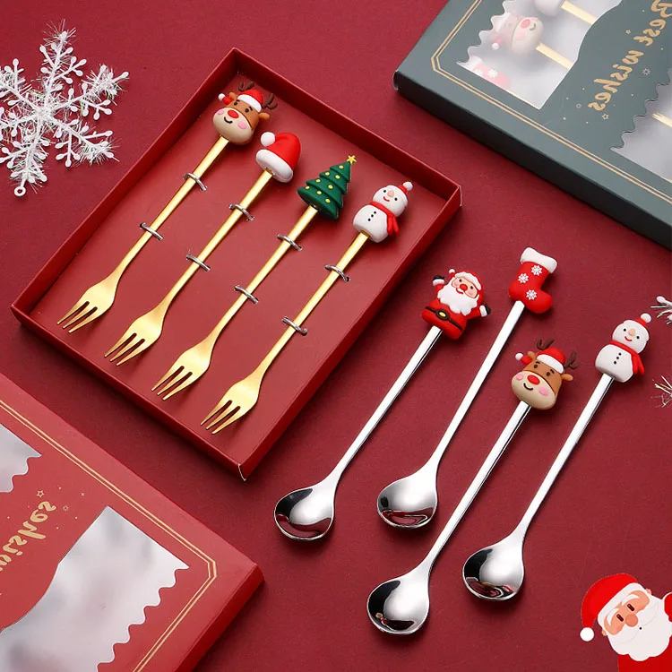Factory Cheap Stainless Steel Christmas Utensils Teaspoon Kids Spoon and Fork Cuttlery Sets Gift 2024 New Products