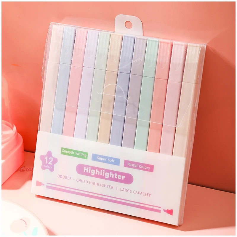 Square Barrel Light Color Pastel Long Lasting Dual Flat Tip Oblique Highlighter Marker Pen For Kids