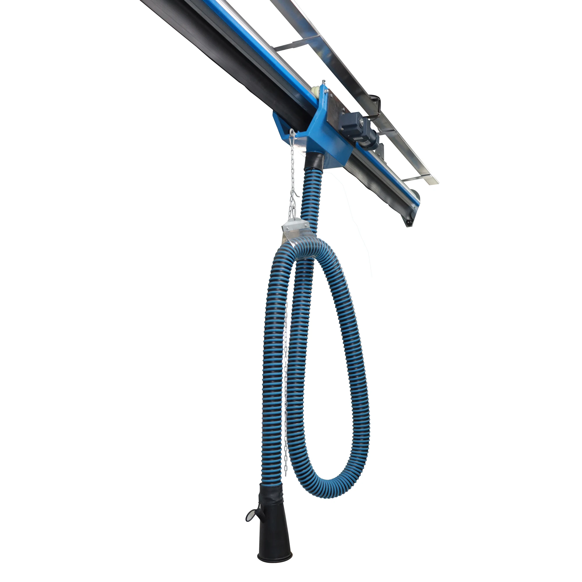 Electric fume extraction rail sliding trolley with hose drops