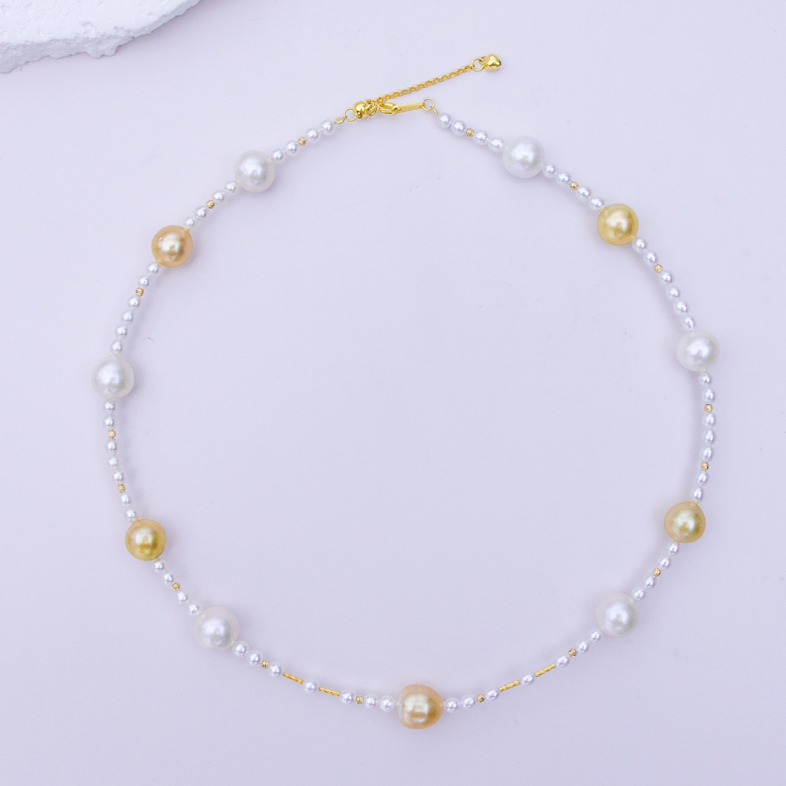 S925 Silver Accessories Sea South Sea Gold Beads/Freshwater White Core Pearl Necklace 3-4mm/9-11mm Near Round Flaws