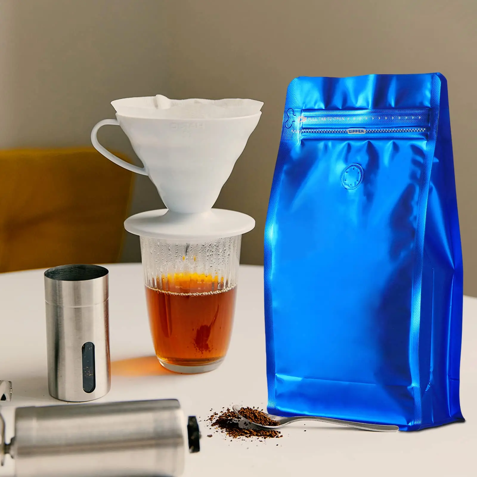 Coffee Bags with Valve Navy Blue High Barrier Aluminized Foil Flat Bottom Standing Coffee Beans Storage Bags