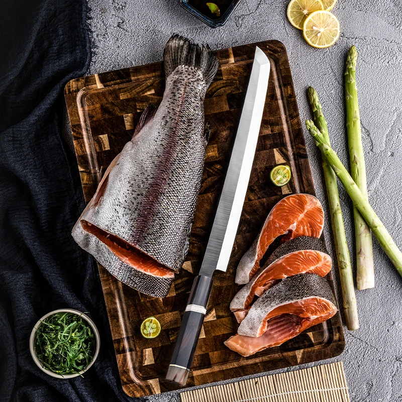 9Cr18Mov Steel 10.6' Sakimaru Knife Premium Sashimi Salmon Sushi Kitchen Sakimaru Knives White Buffalo Horn & Ebony Wood Handle