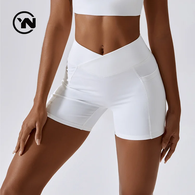 Wholesale Cross Trousers Hip Lift Shorts Gym Workout Fitness Leggings High Waist Yoga Shorts With Pocket
