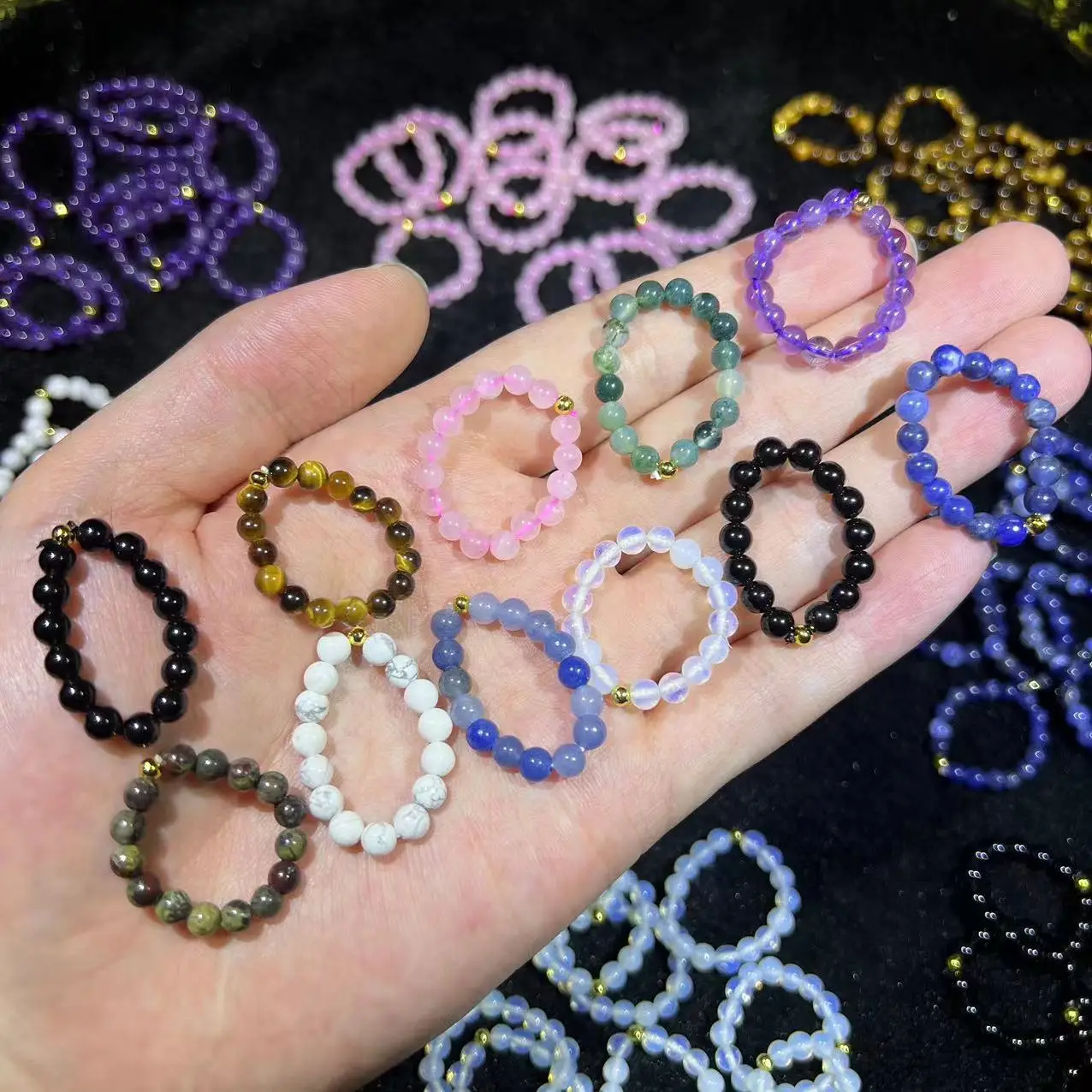 Natural Amethyst Beads Elasticity Finger Rings 5mm Rose Quartz Crystal Ring For Women Men Gift