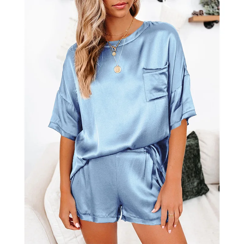 2022 new suits solid color chiffon pajamas home clothes short-sleeved shorts loose and casual two-piece suits