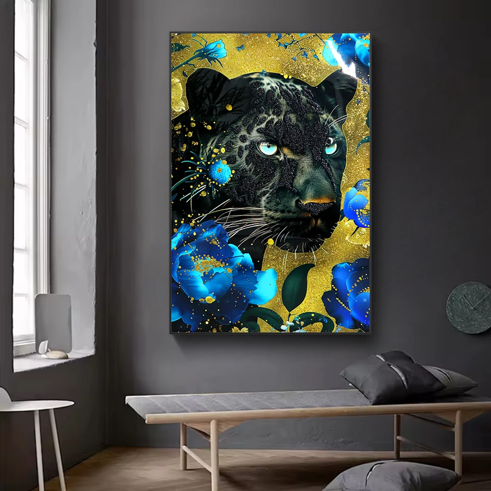 Home Decor Black Gold Animal Painting Cheetah poster Wall Art Crystal porcelain 3D gold leaf diamond painting