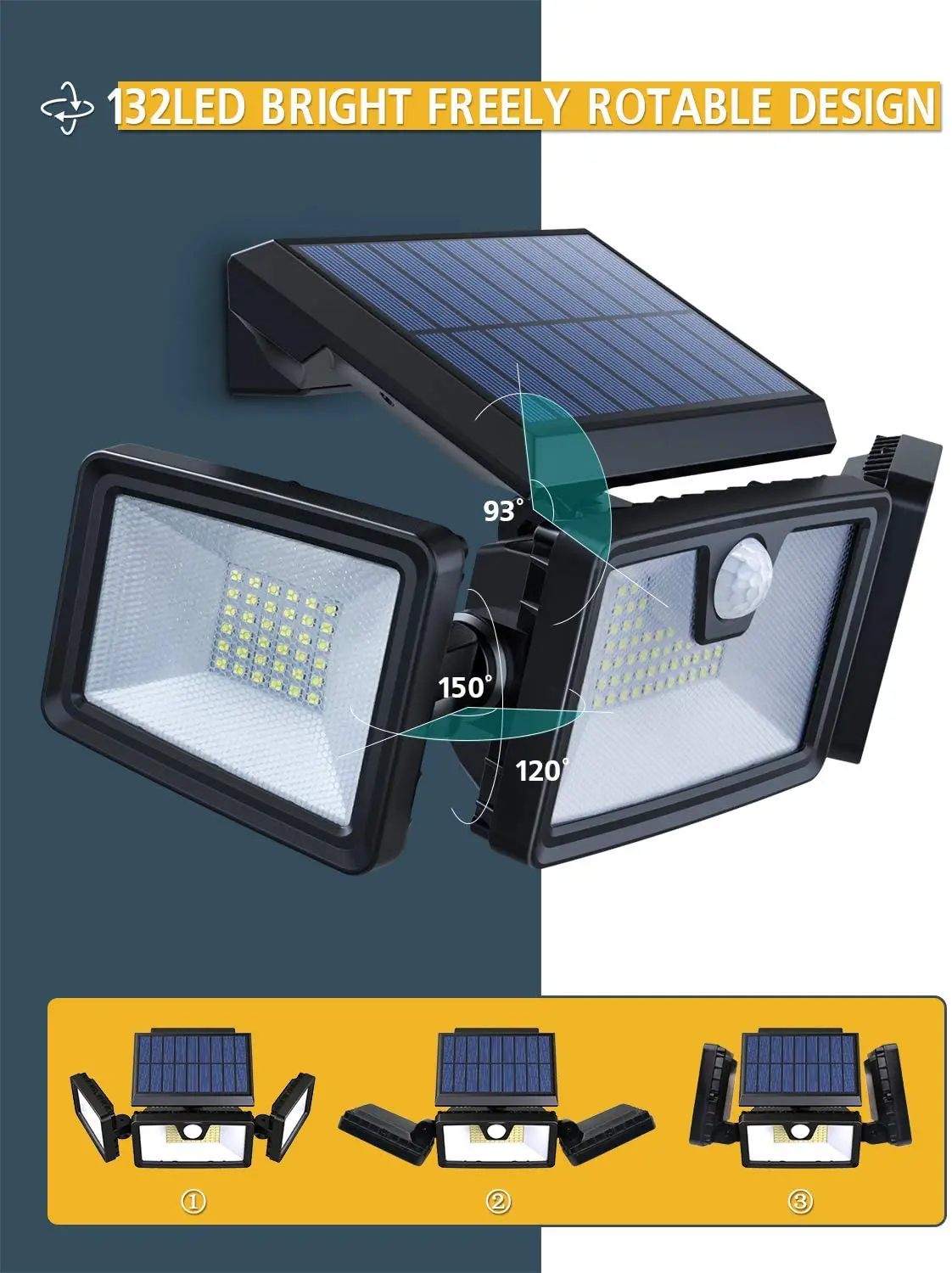 
Solar Lights Outdoor, 132 LED 800LM Wireless LED Solar Motion Sensor Lights Outdoor, 3 Adjustable Heads 