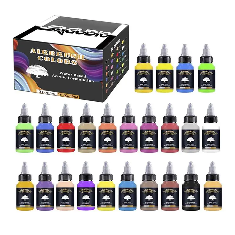 SAGUDIO Acrylic Airbrush Paint Kit Ready to Air brush Gun 24 Colors Pigment Set