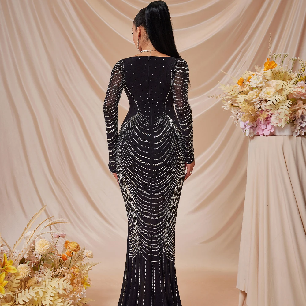 OEM&ODM Luxury Maxi Evening Dresses for Women Rhinestone Black Mesh Crystal Solid Color Sequined Decoration Wedding Party Gown