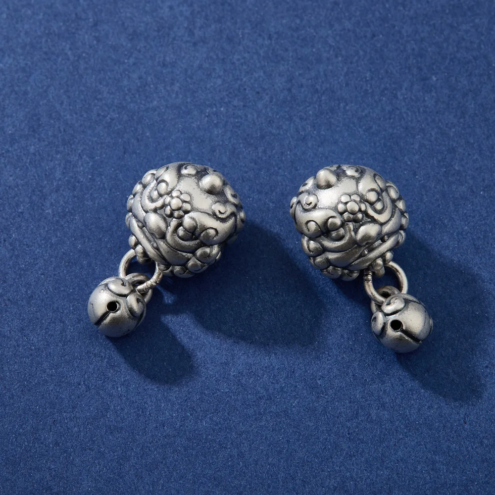 S999 Silver Retro Chinese Lion Dance Pendant New National Fashion DIY Hand Rope Accessories Cross Lion Head Jewelry Findings