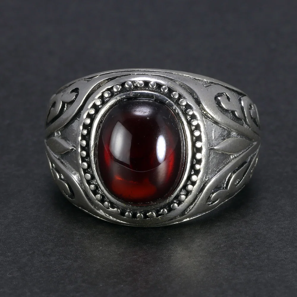 925 Sterling Silver Engraved Flowers Black Onyx Turkish Men Rings Red Garnet Stone Ring Designs For Silver Men Jewelry