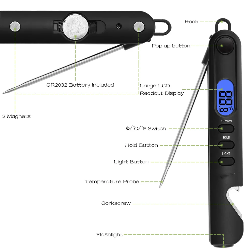 Digital Instant Read Thermometer for Cooking Kitchen Food Meat BBQ Wine Jam Steak Candy