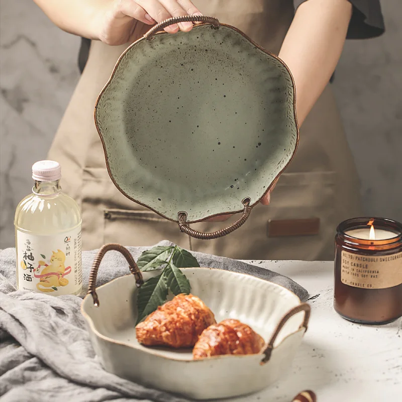 Retro Japanese Ceramic Soup Bowl Breakfast Dessert Fruit Bread Dim Sum Salad Mixing Bowls With Rope Handle Restaurant Tableware