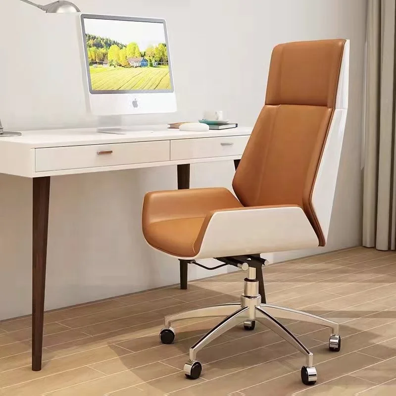 Fashionable high back white piano shell orange leather swivel office recline wheel chair