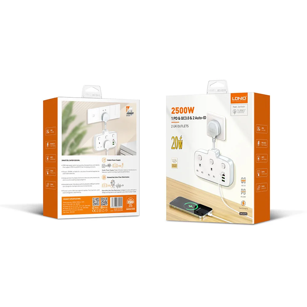 LDNIO SK2492 White UK Plug Extension Strip with 4 USB 2AC Ports Independent Switch Electric Home Wall Charger Socket Outlet