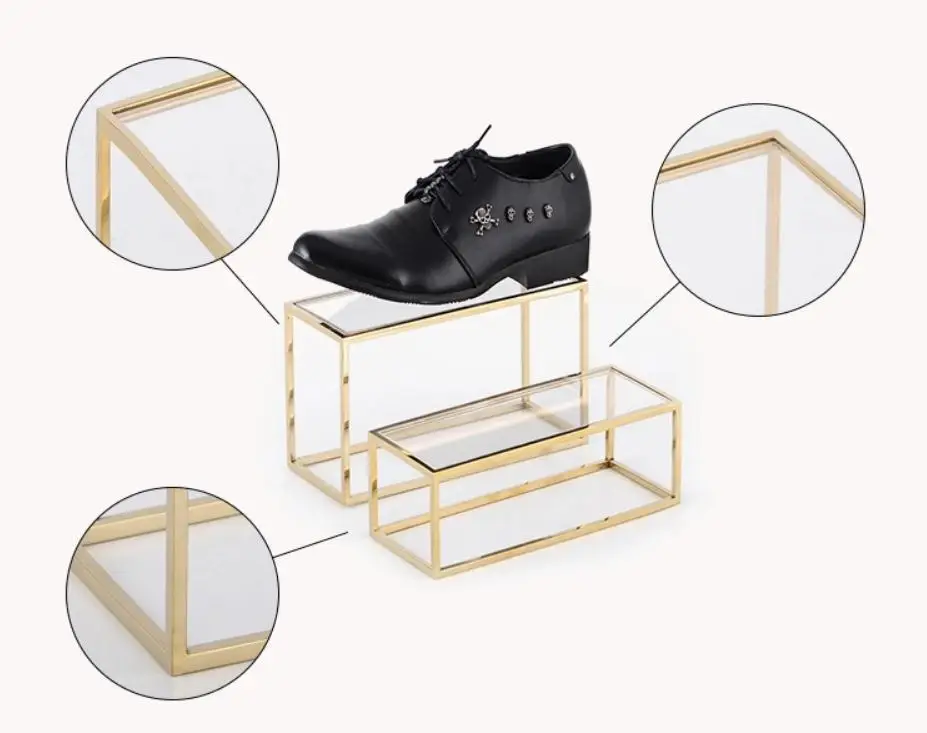 Metal Stainless Steel Gold Cube Display Stand Acrylic Leather Shoes Riser High heel Display Case For Display Shoes