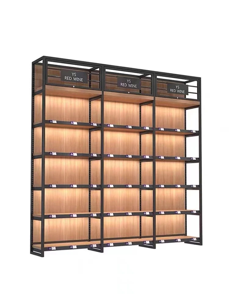 2023 new Single Sided Wooden Supermarket Shelves Metal Display Racks For Customized Gondola Shop Shelves