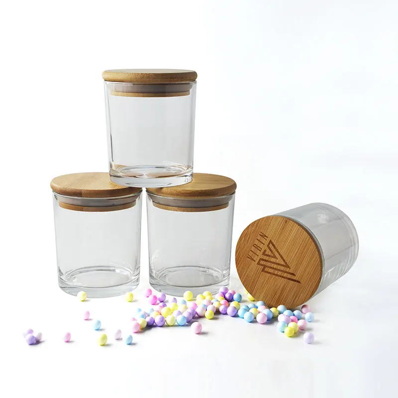 glass container candles 8oz bulk empty clear glass candle container with bamboo wood zinc alloy lid