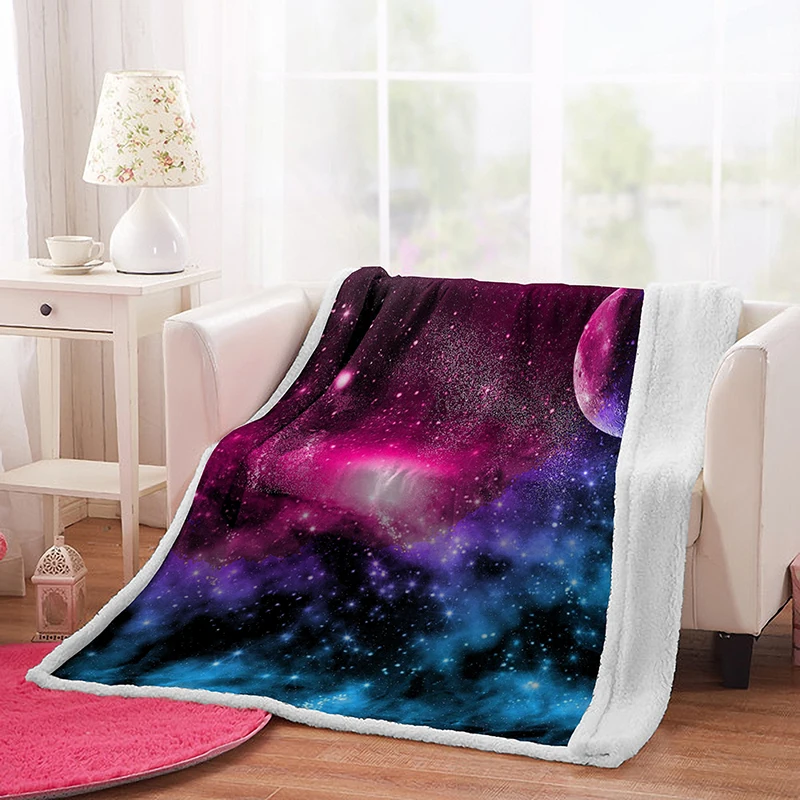 Custom Galaxy Printed Minky Soft Baby Sherpa Winter Blanket Plush Kids Starry Sky Blankets for Girls Boys Gift