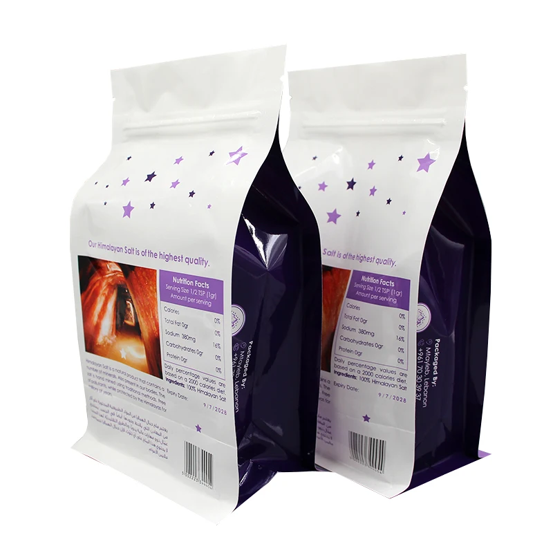 Custom Size Eight-Side Sealing Stand-Up Zipper Top Bags Flat Bottom with Window Valve Nuts for Tea Soda Food Beverages