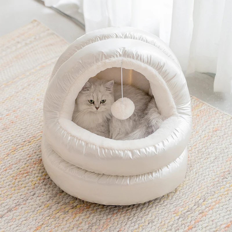Warm Cat Calming Bed House with Ball Toys Pet Bed for Cats and Dogs Pet Supplies cave hooded cat bed