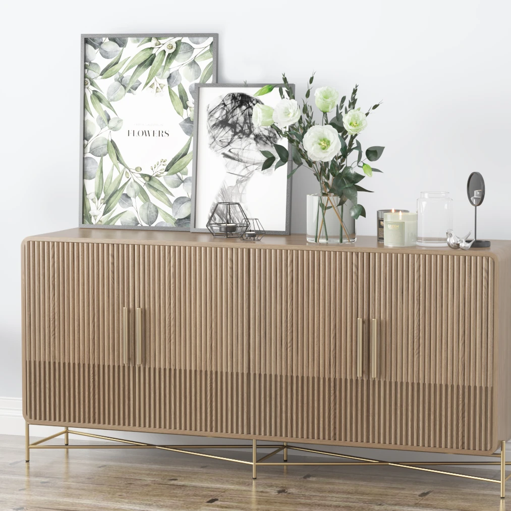 MRS WOODS Reclaimed Solid Wood Oak Modern Ribbed Sideboard Cabinet Metal Leg Buffets Cabinet With Doors Living Room