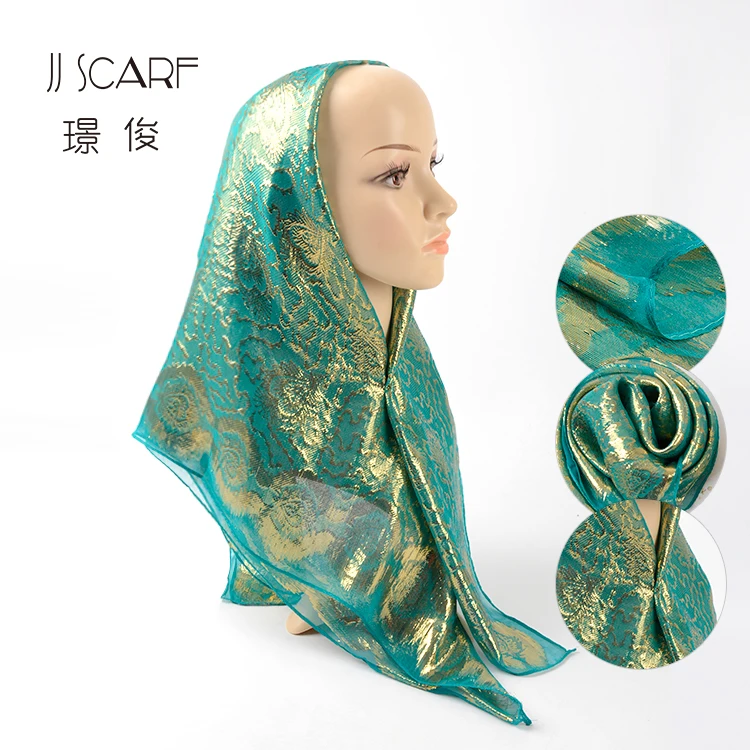 New style soft square silk spun gold floral pakistani women hijab scarf