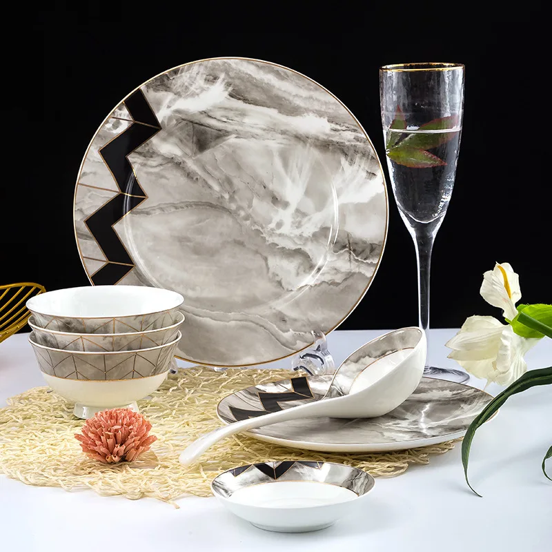 Customizable Nordic serving dish ceramic vietnam marble Tableware Round Ceramic Soup Plates for Homeware