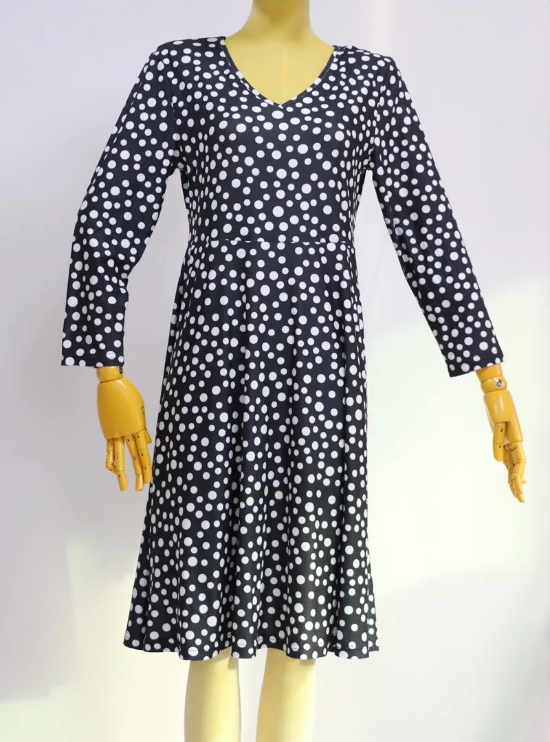 NO MOQ Super Soft Fashion Women Full Long Sleeve Dresses for Winter Custom Polka Dots Autumn Wears V-Neck Dresses with Pockets