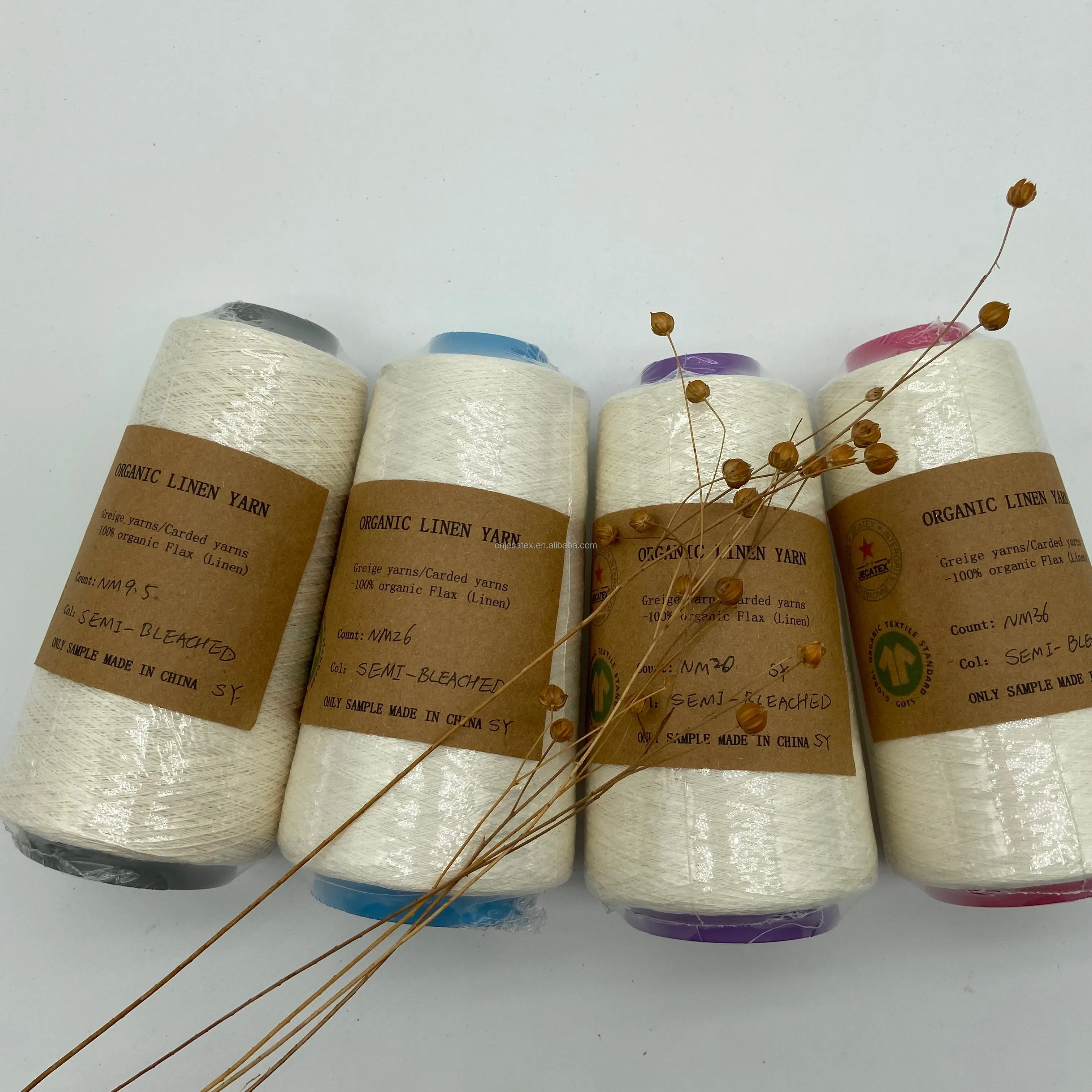 JECATEX NM4.5/2.6S 100% ORGANIC SEMI-BLEACHED OPEN END LINEN YARN LOW COUNT  FRENCH LINEN, WHOLESALE  GOTS CERTIFIED,SUSTANIBLE