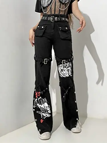 Comic Print Punk Goth Pant Grunge Black Clothes Korean Fashion Pocket Straight Women Streetwear Flared Y2k Hippie Jeans