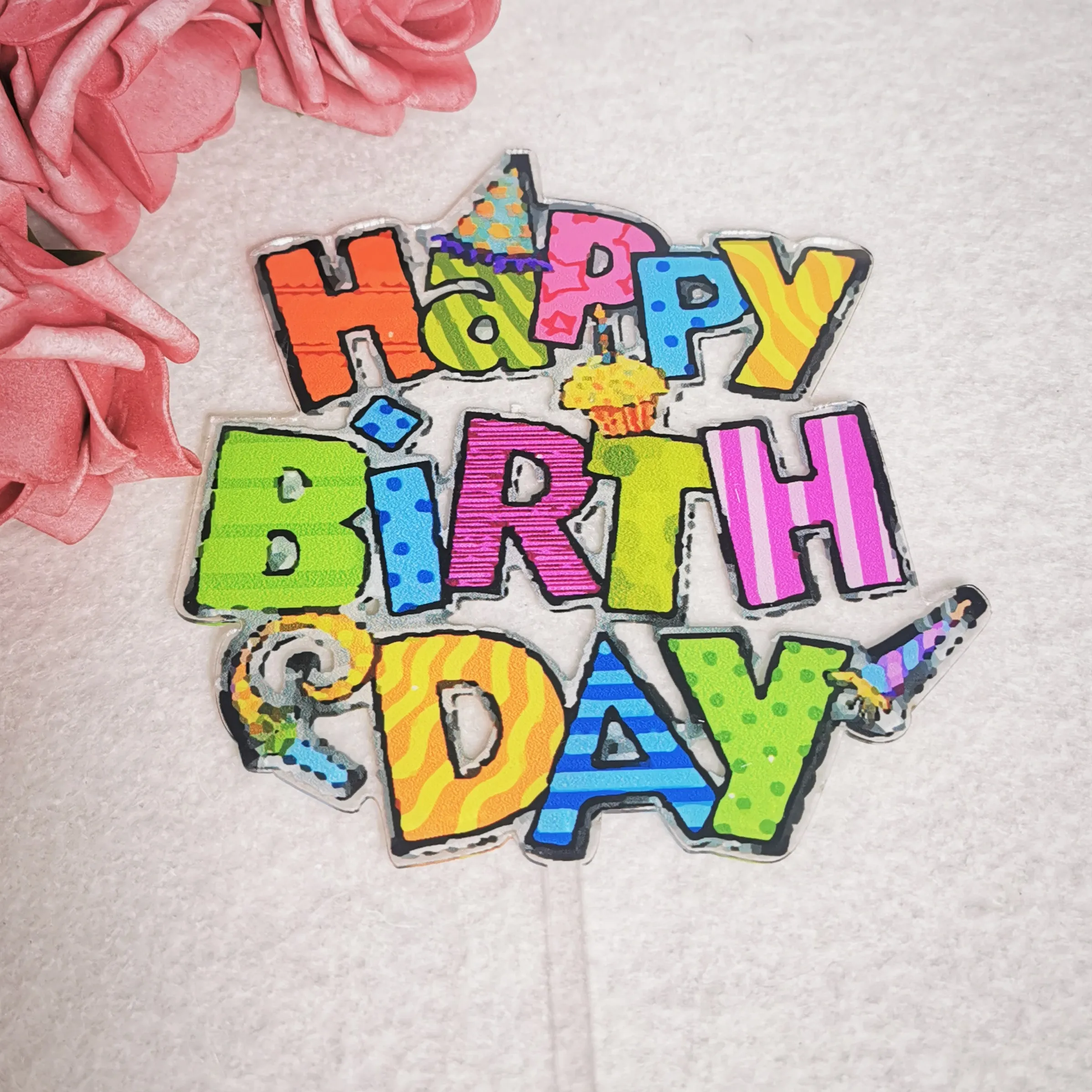 He or She Cartoon  3D Animal print Happy Birthday Acrylic Cake Topper