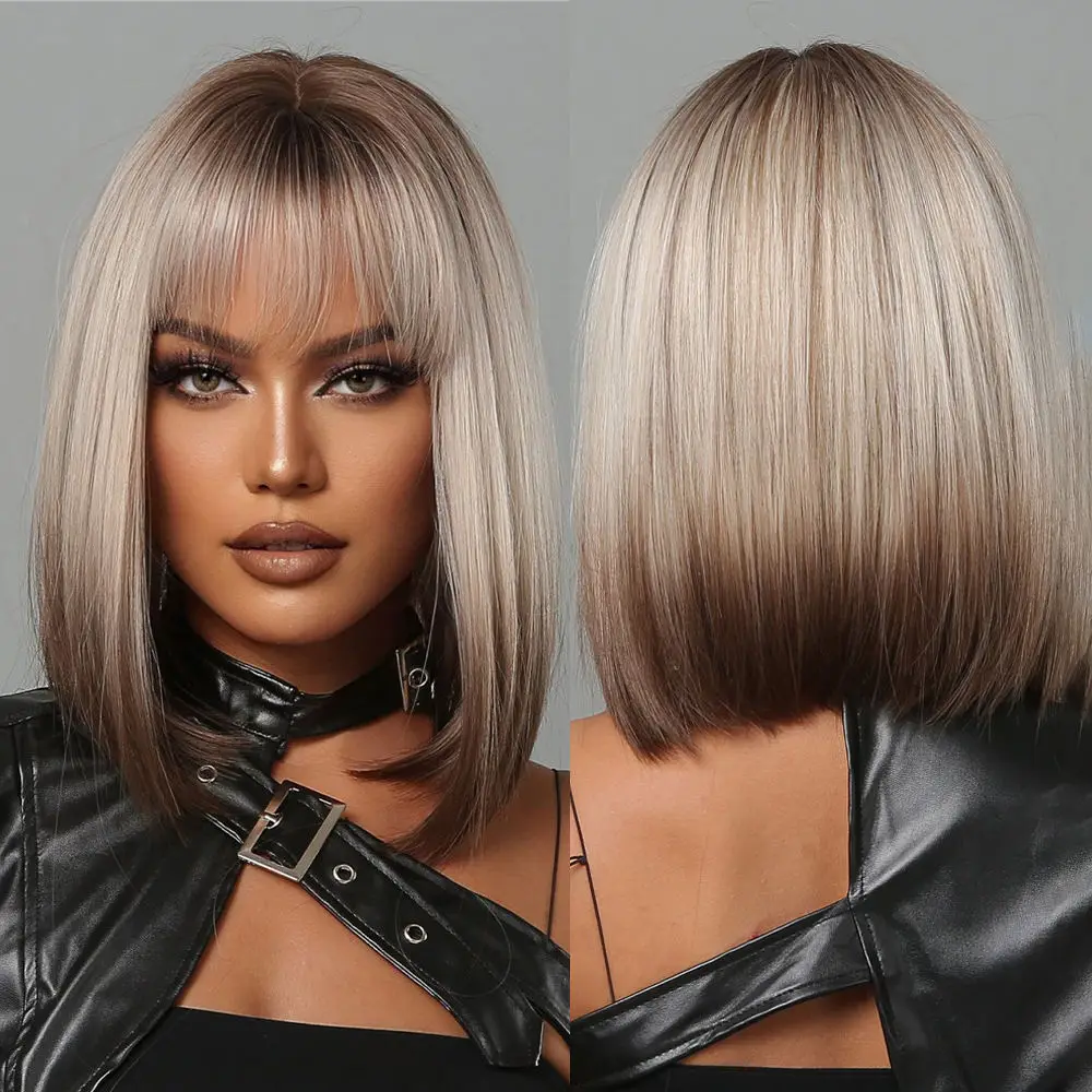Wholesale  Short Straight Synthetic Wigs for Women Blonde to Brown Ombre Bob Wigs with Bangs Daily Heat Resistant Hair
