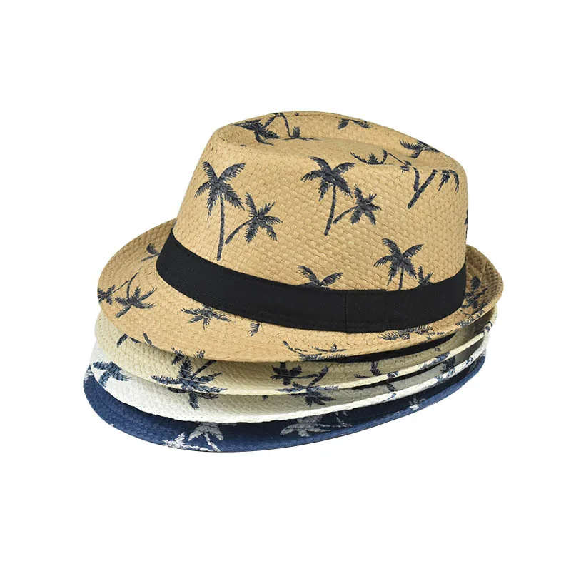 Fashion Summer Vacation Beach Hat Coconut Palm Printed Anti- Sun Hat Men Cheap Panama Straw Cap