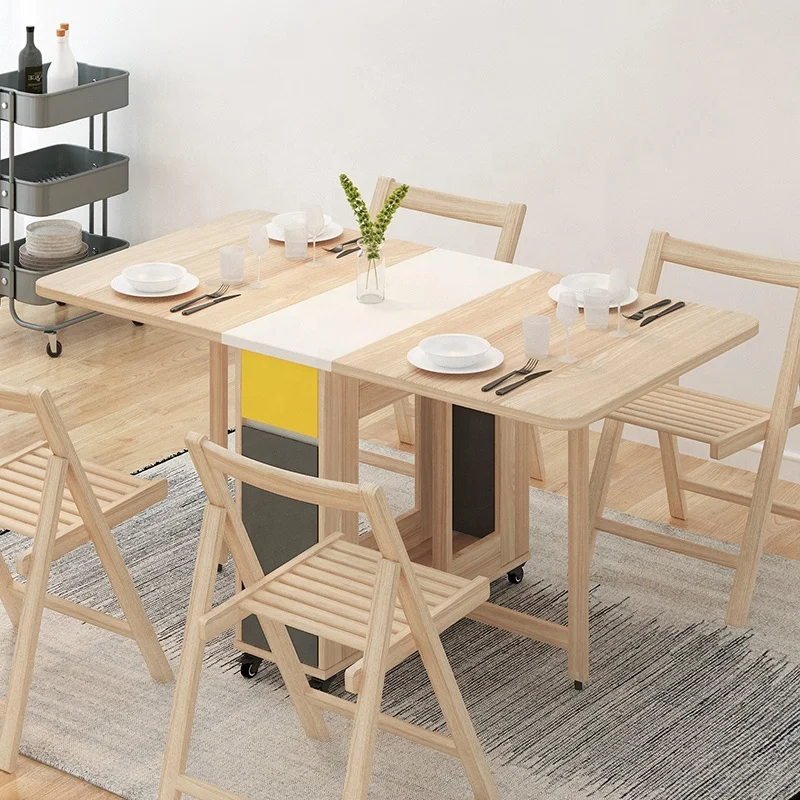 Movable and foldable wooden square dining table for dining room