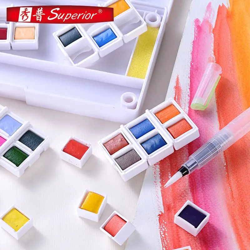 Superior Solid Watercolor Paint Set 12 Colors Travel Pigment Paints with Paintbrush for Students Art Supplies