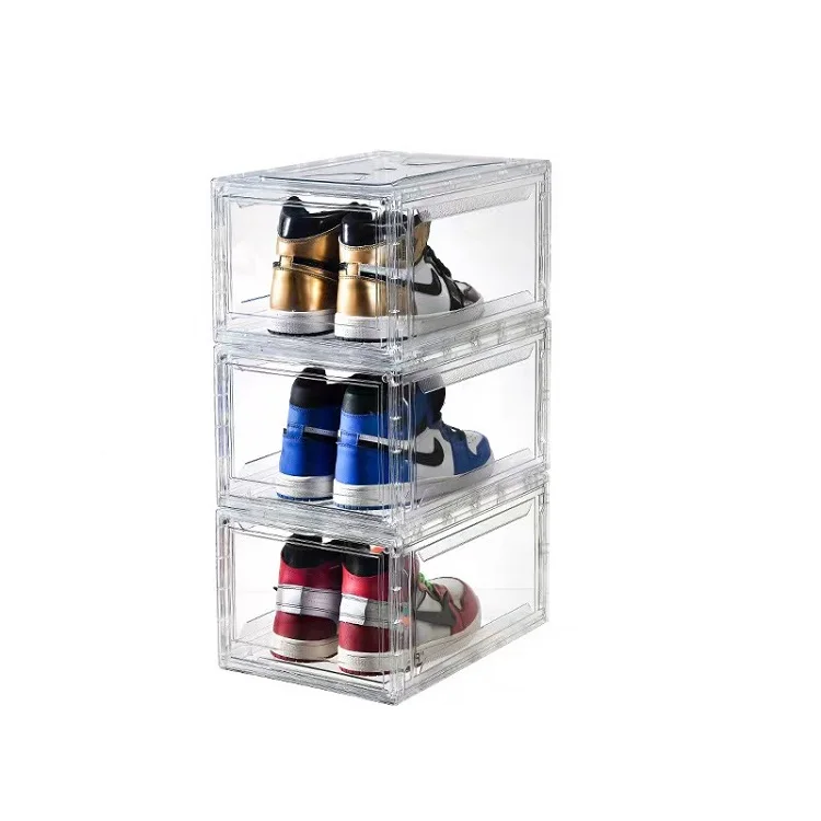 Hot Sale Magnet Shoe Display Case Stackable Sneaker Containers Plastic Transparent Clear Shoe Storage Box