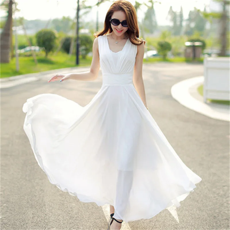 Summer new style plus size solid color beach long skirt Korean fashion bohemian white chiffon dress