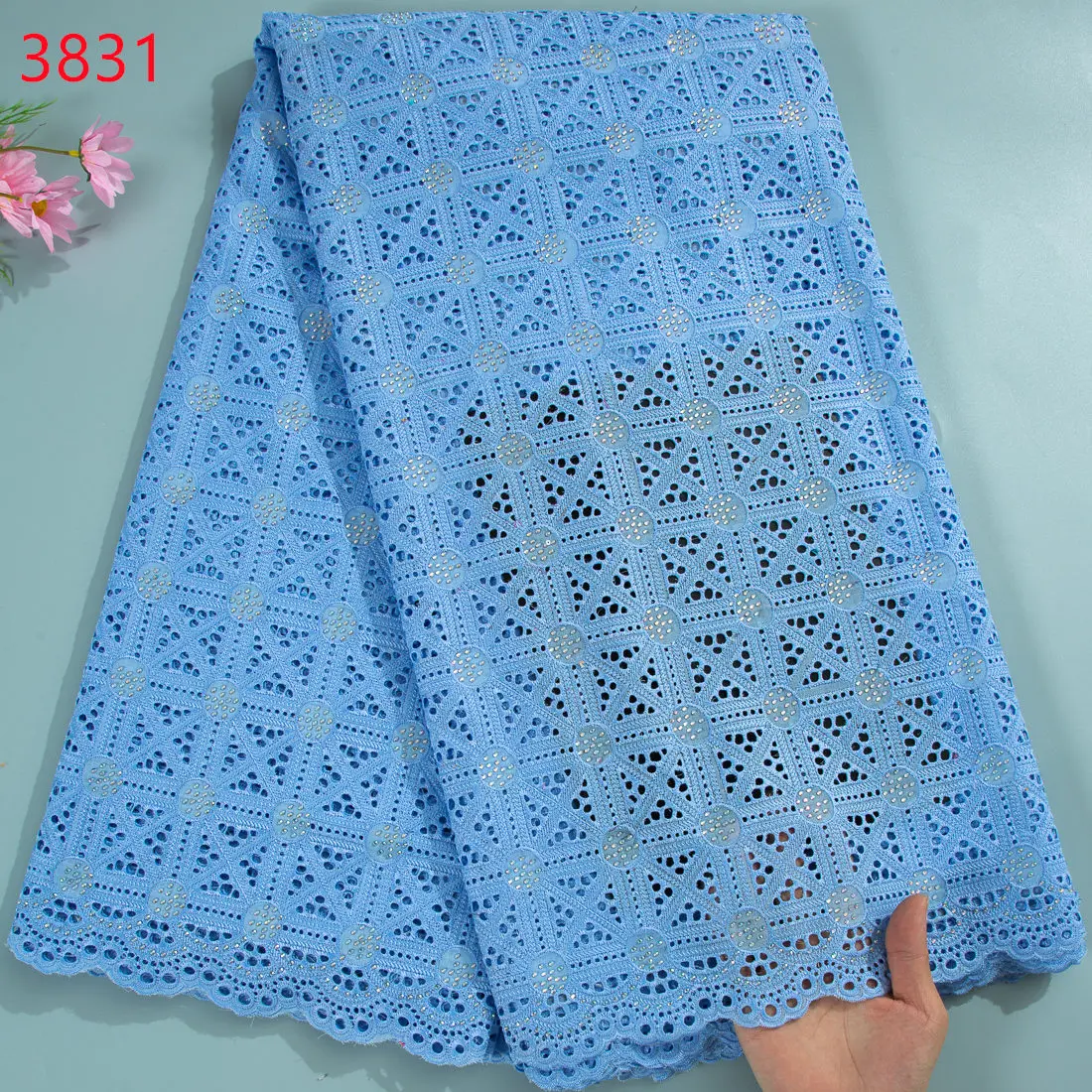 3831Luxury High Quality African Embroidery Cotton Lace Fabric With Shiny Crystals Swiss Lace For Dresses Sewing