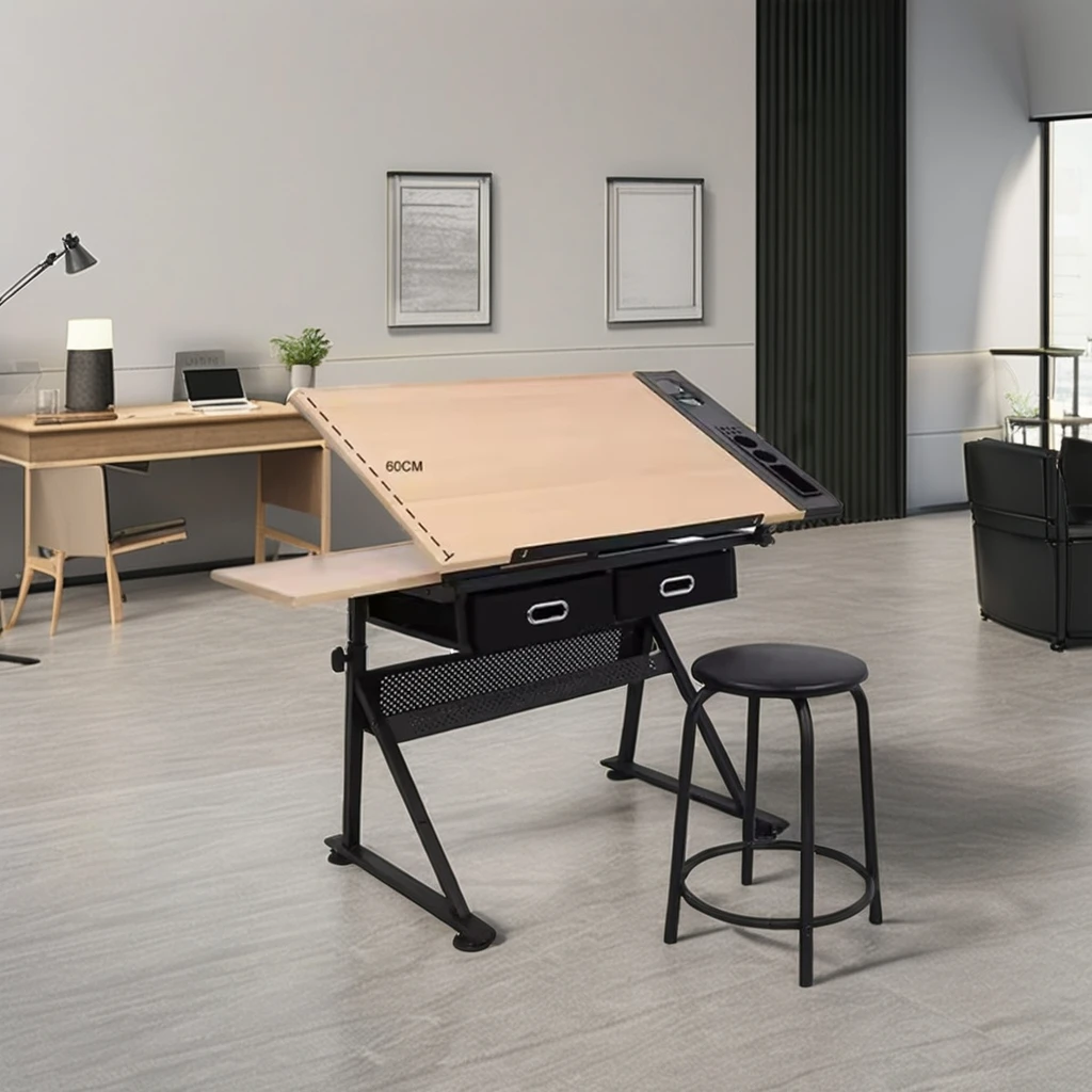Adjustable Height Engineering Tiltable Drafting Desk Architecture Drawing Table With Drawer