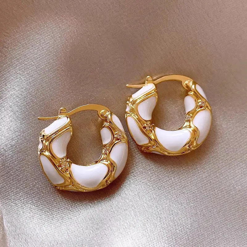 Minimalist Trendy Vintage 18K Gold Plated Enamel Colorful Shine Alloy Zircon Hoop Earrings