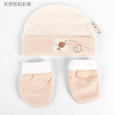 Wholesale 0-3 months natural organic cotton winter newborn baby bucket hat beanie and gloves set