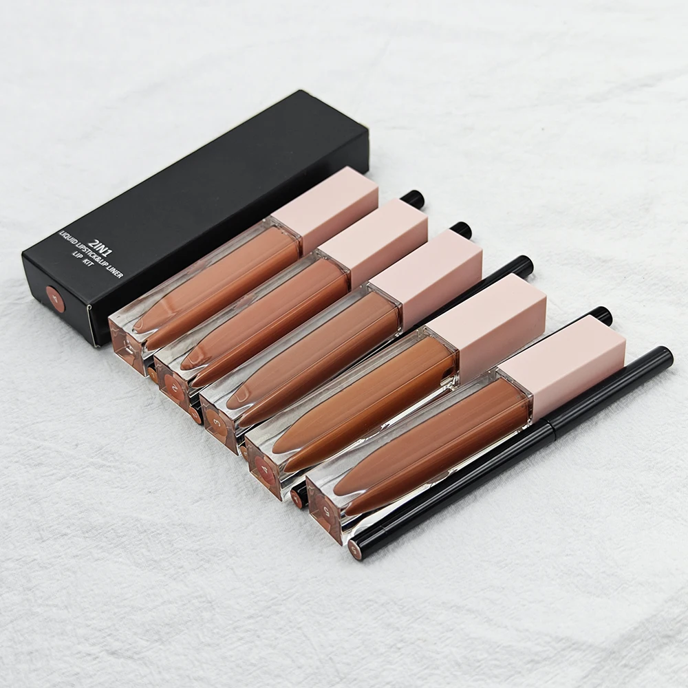 2 in1 liquid lipstick and lipliner set longlasting matte lip gloss and lip liner pencil sets box private logo vegan cosmetic kit