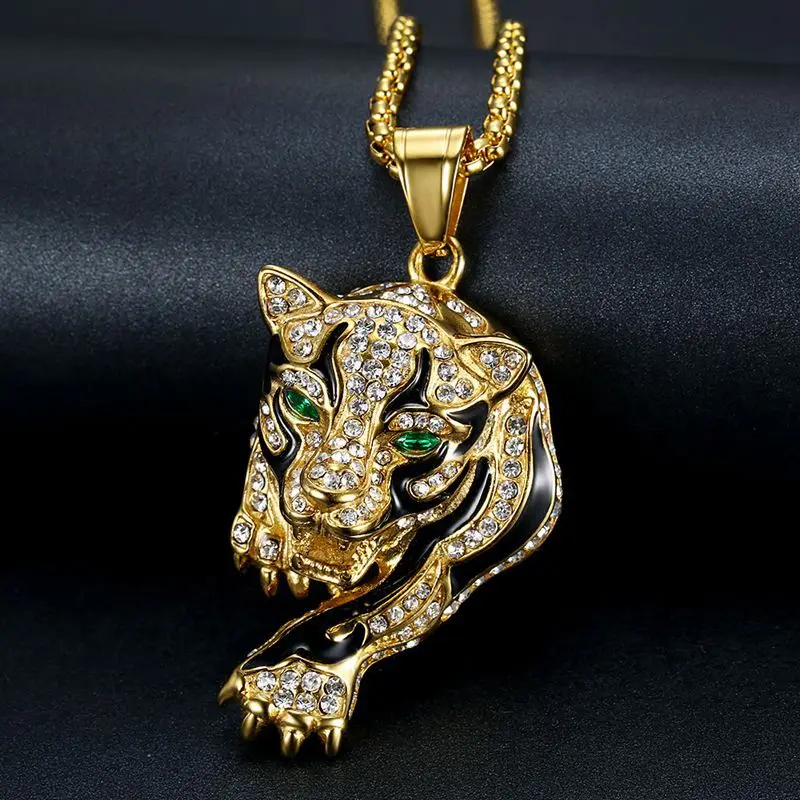 New Hip Hop Hiphop Jewelry Titanium Steel Gold Plated Diamond Leopard Head Pendant Necklace