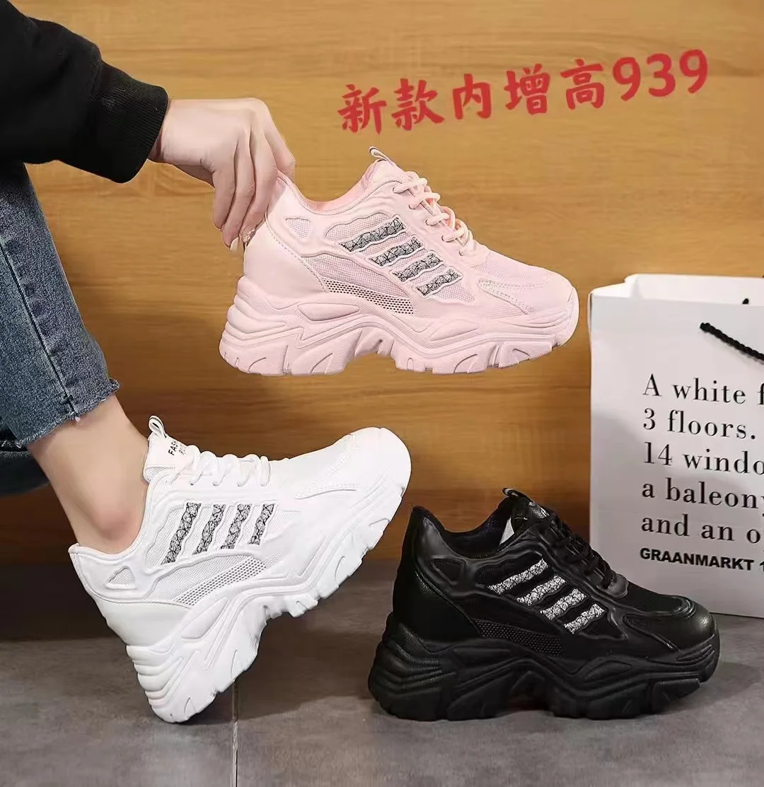 Женские сетчатые кроссовки на высоком каблуке, повседневная женская обувь на шнуровке, Спортивная дышащая женская обувь на танкетке на высоком скрытом каблуке, 2022