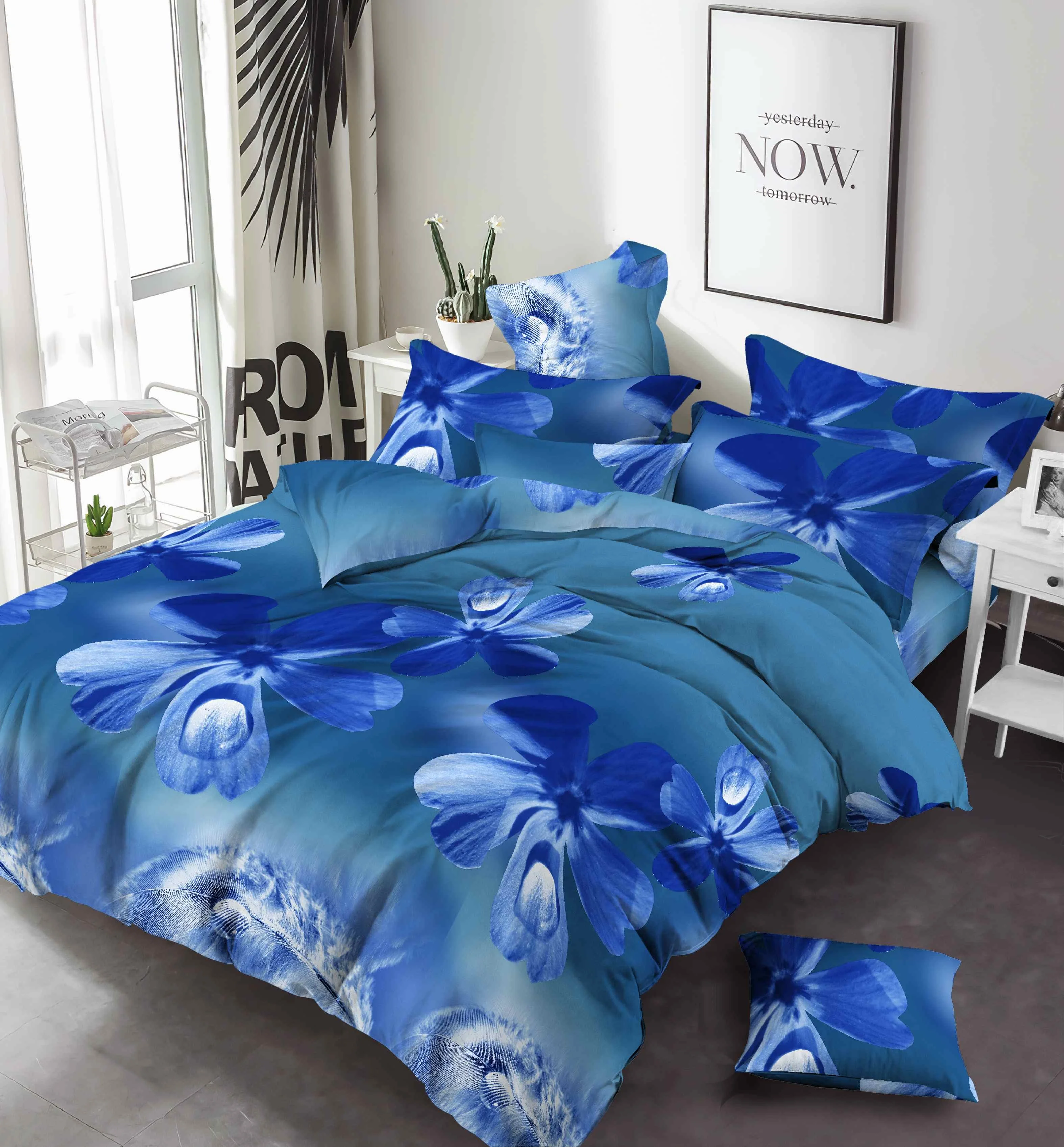 Blue flower geometric pattern print 100% polyester microfiber fabric for making bed sheets For Making Bed Sheets