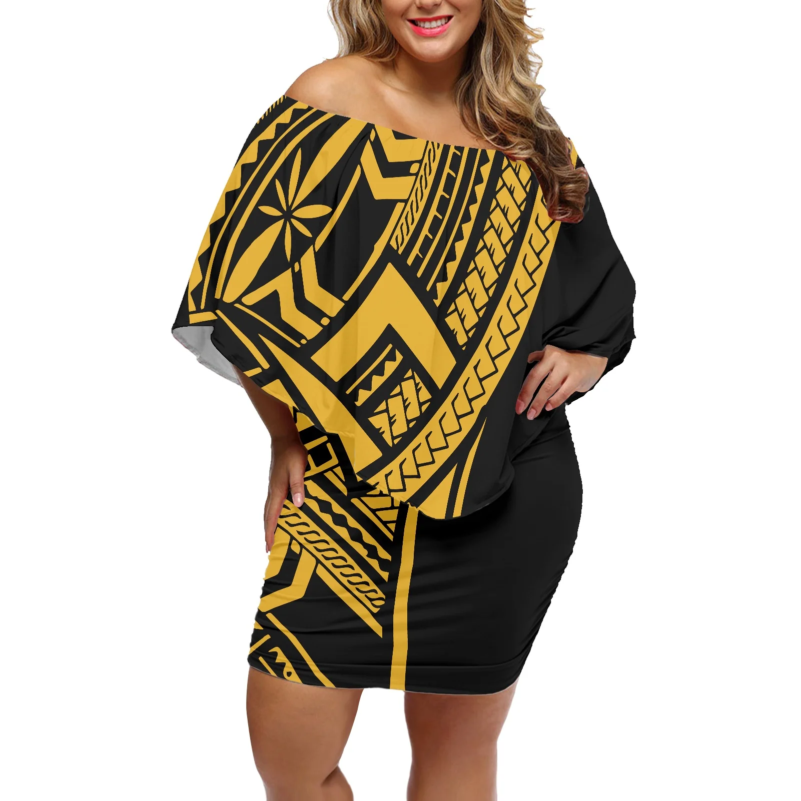 Fashion Off Shoulder Dress 2022 Polynesian Tribal Totem Printing Plus Size Dress Women Clothing Dress Summer Print On Demand